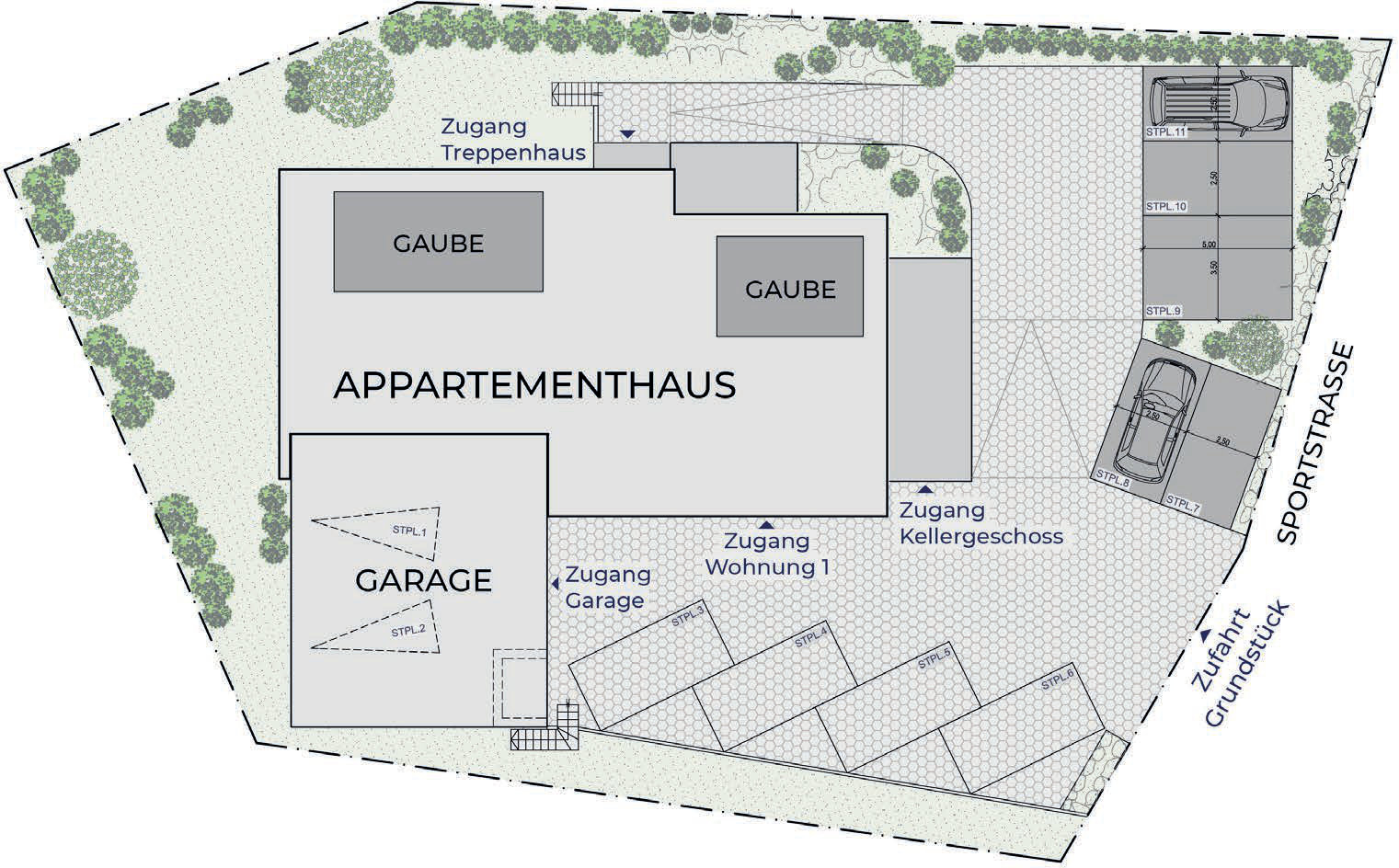 Lageplan Freifl&auml;chen und Stellpl&auml;tze 1 bis 11 &ndash; Appartementhaus Sportstra&szlig;e 32 Willingen